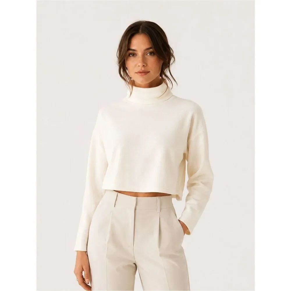 Women's Cropped High-Neck Cream Sweater